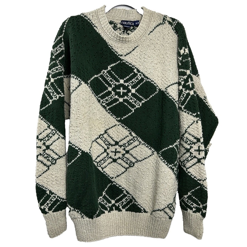 Vintage 90s Nautica Argyle Sweater XL Beige Green Dark Academia Preppy